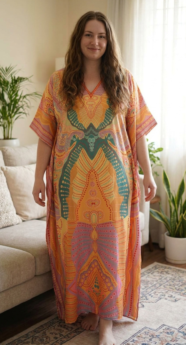 Peach Mandala Satin Women Plus Size Kaftan Tropical Dress