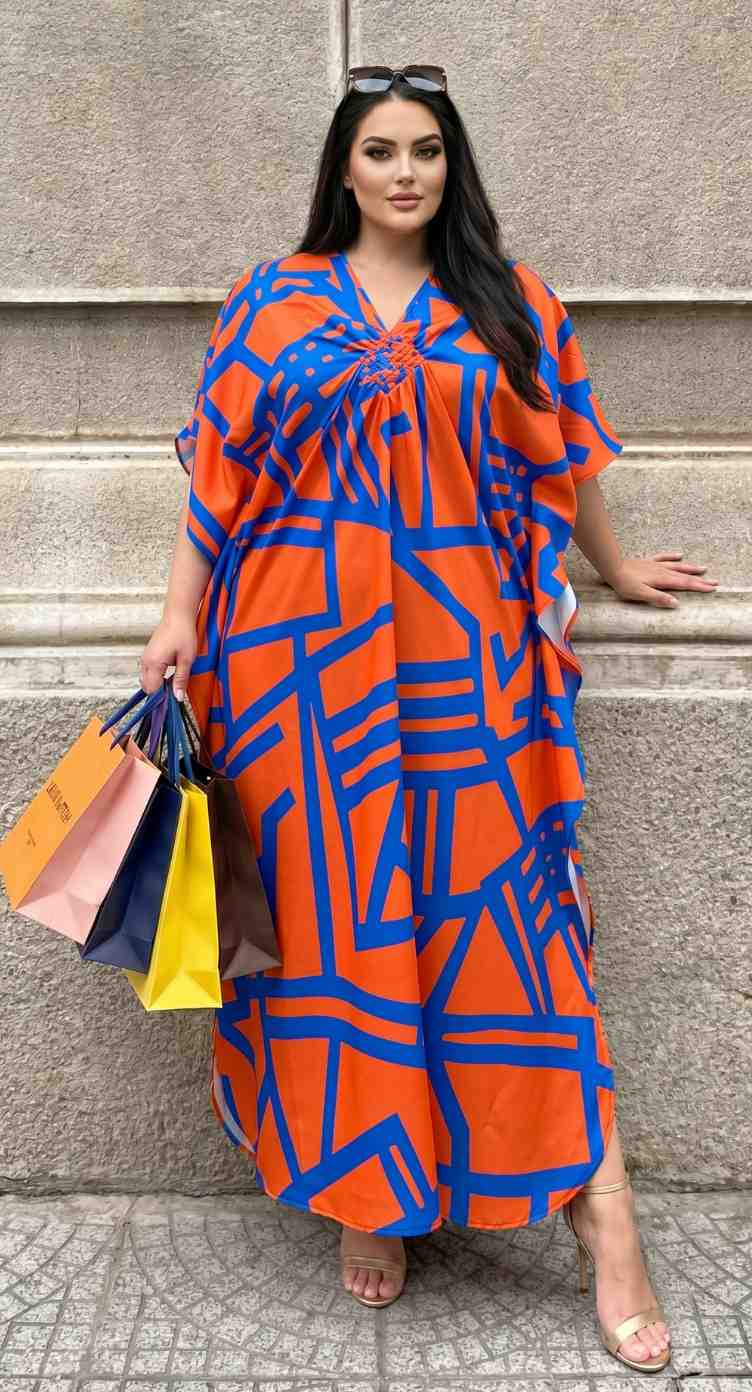 Bright Orange Geometric Print Polyester Women Plus Size Kaftan Holiday Dress 1X-3X