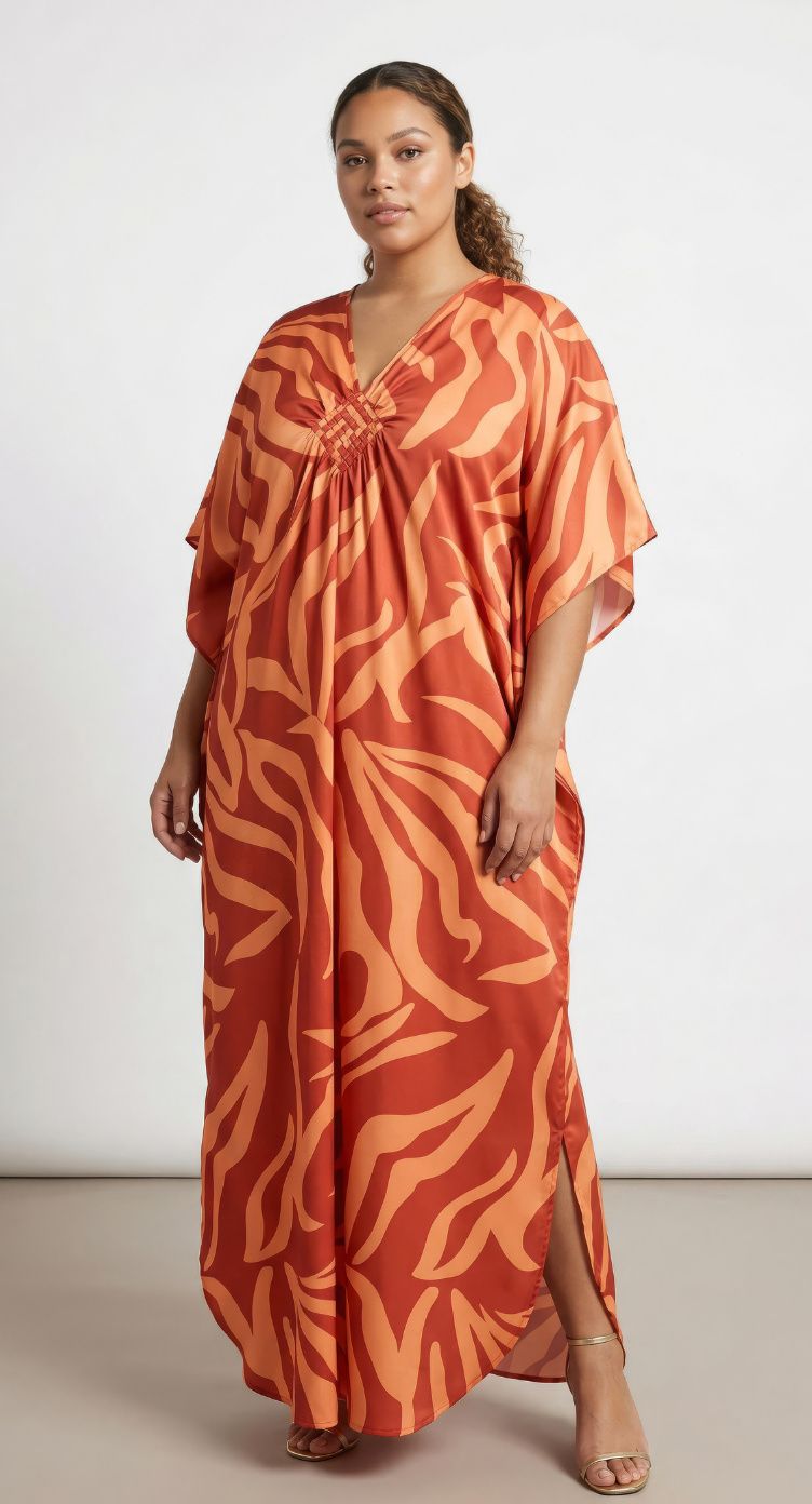 Rust Orange Leaf Polyester Women Plus Size Kaftan Tropical Dress 1X-3X