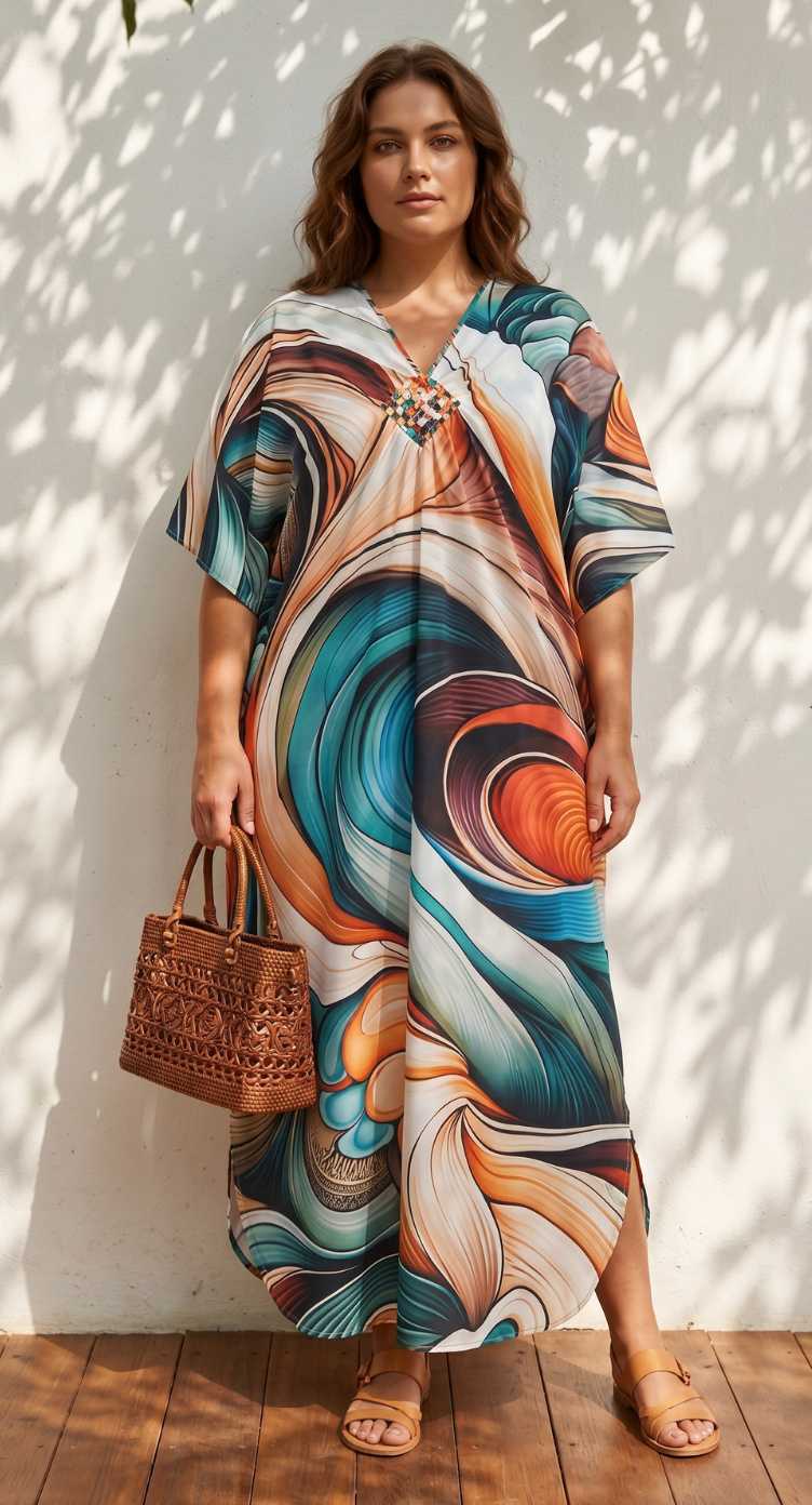 Teal Abstract Print Polyester Women Plus Size Kaftan Vacation Dress 1X-3X