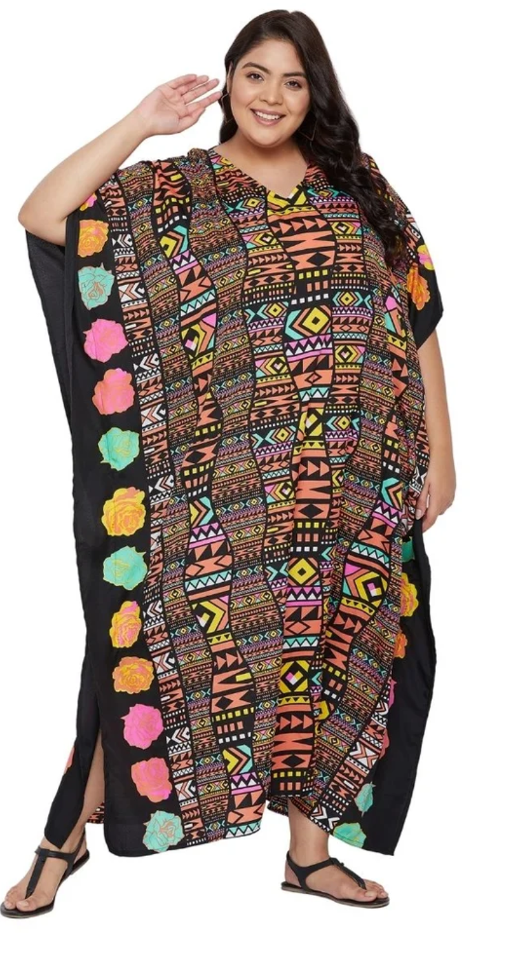 Multicolor Aztec Tribal Rose Border Polyester Plus Size Kaftan for Women 1X-3X | GypsieBlu