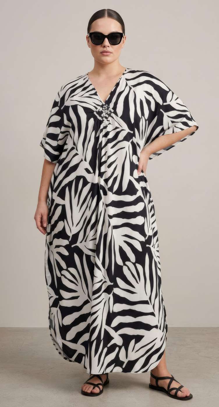 Black Leaf Polyester Women Plus Size Kaftan Evening Dress 1X-3X