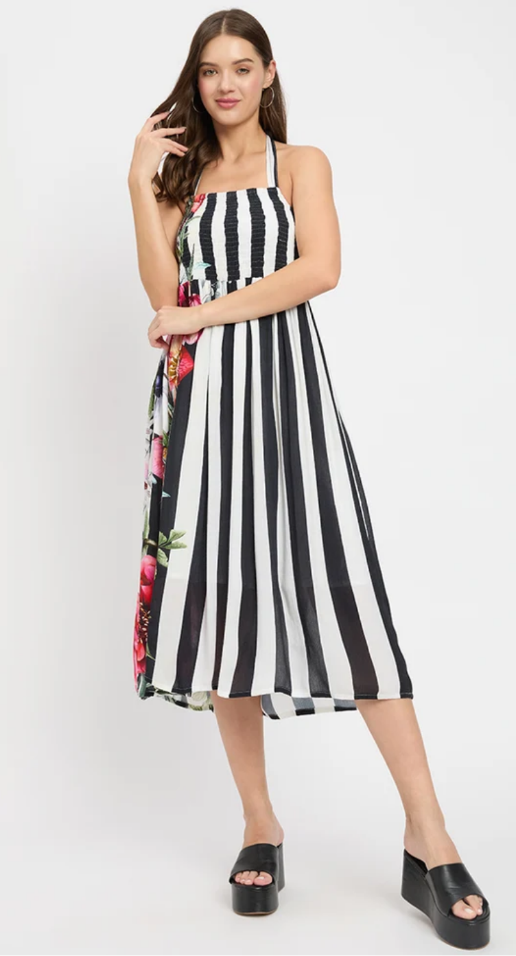 White & Black Striped & Floral Rayon Midi Dress for Women S-XL Sleeveless Halter Neck | GypsieBlu