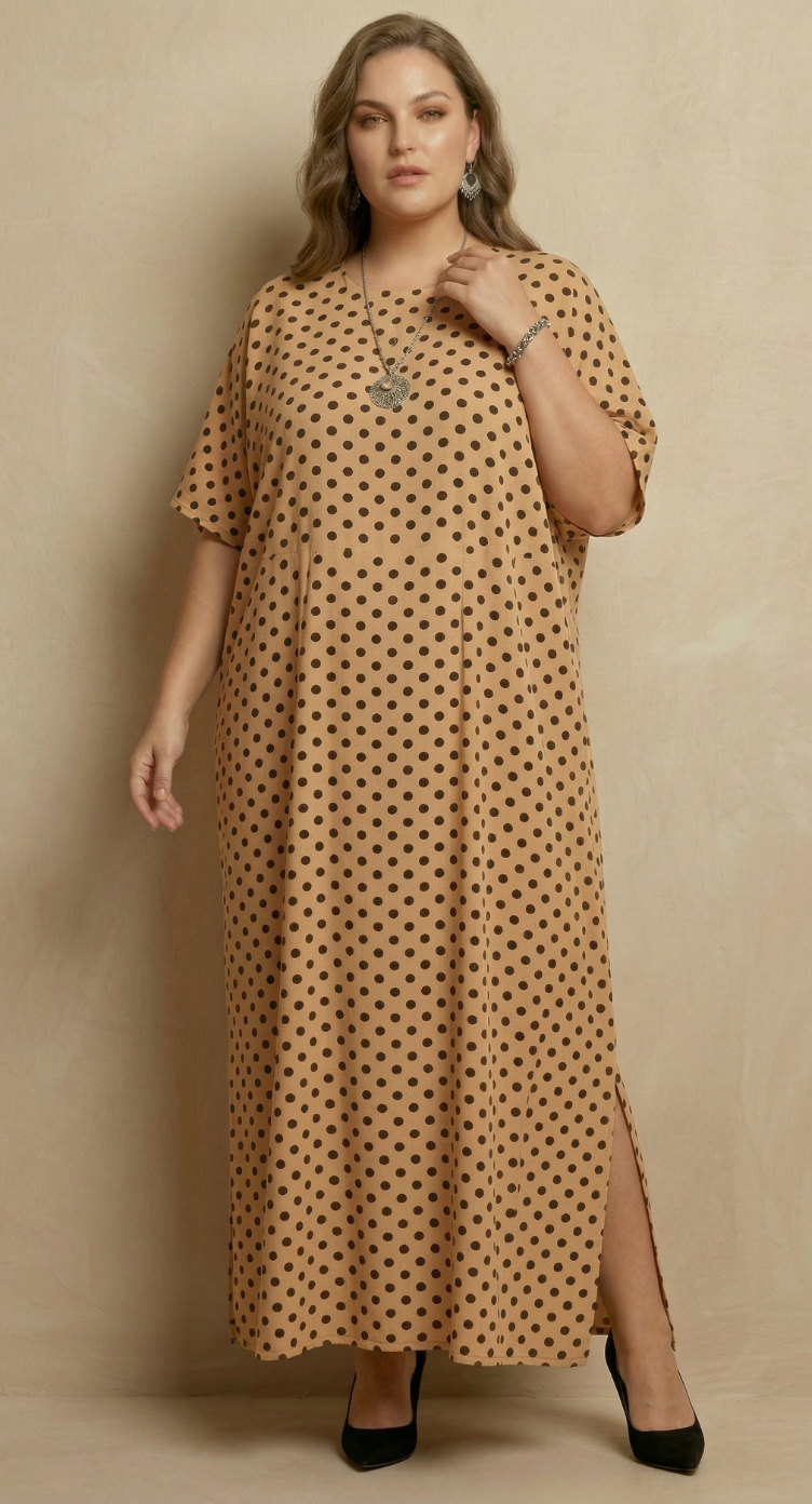 Beige Polka Dot Polyester Women Plus Size Kaftan Poolside Dress