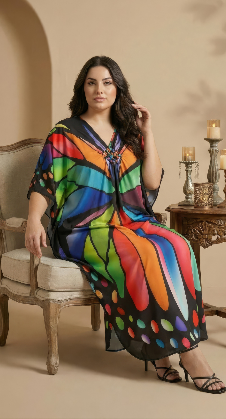 Multicolor Butterfly Polyester Women Plus Size Kaftan Summer Dress