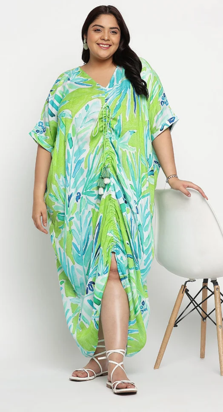 GypsieBlu Green Rayon Plus Size Kaftan for Women 3/4 Sleeve 1X-3X - Painterly Palm Leaf Print