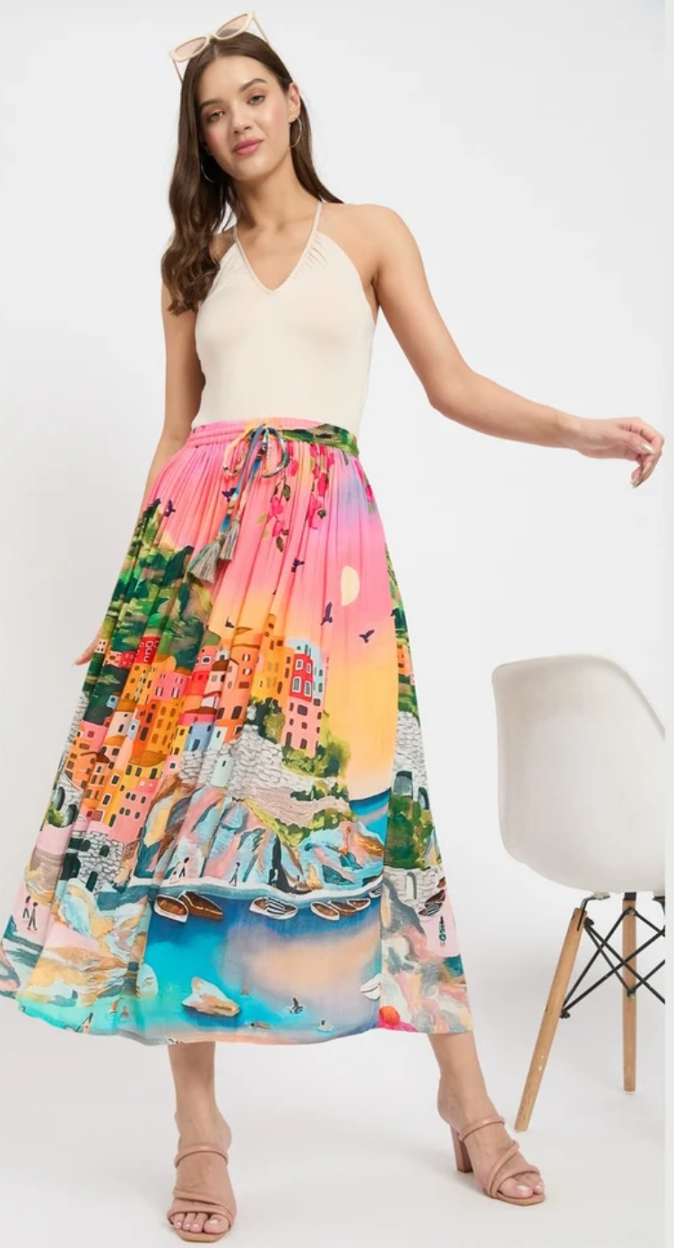 Pink Multicolor Coastal Village Rayon Skirt for Women S-XL | GypsieBlu