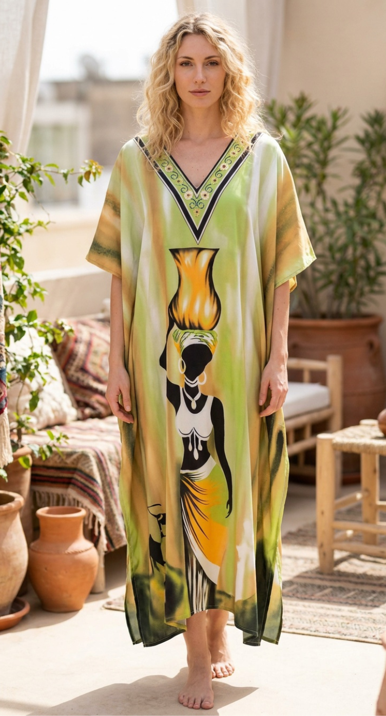 Lime Green Tribal Polyester Women Plus Size Kaftan Festival Dress
