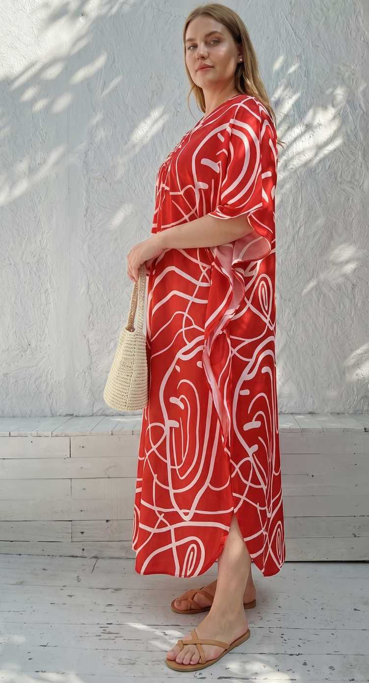Red Abstract Print Polyester Women Plus Size Kaftan Pool Party Dress 1X-3X