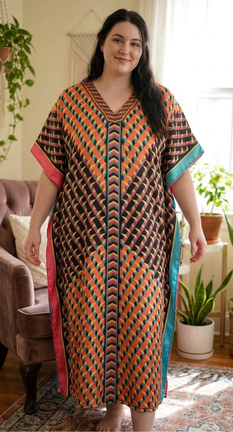 Multicolor Geometric Satin Women Plus Size Kaftan Brunch Dress
