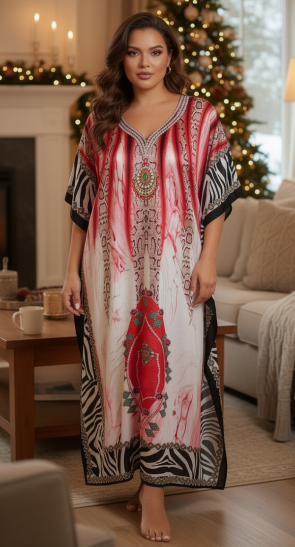 Red Cream Ornamental Satin Plus Size Kaftan Dress for Women 1X-3X 3/4 Sleeve | GypsieBlu