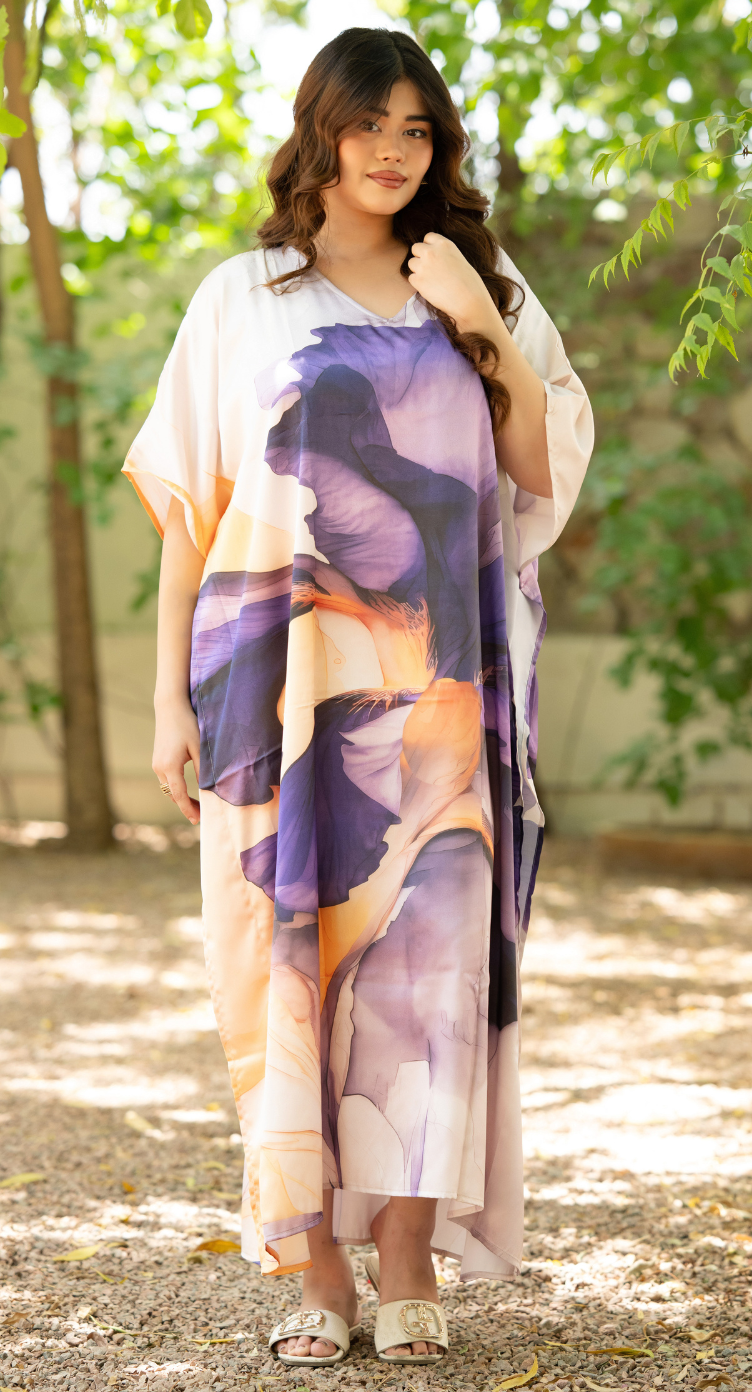 Floral Print Lavender Satin Women Plus Size Kaftan Resort Dress