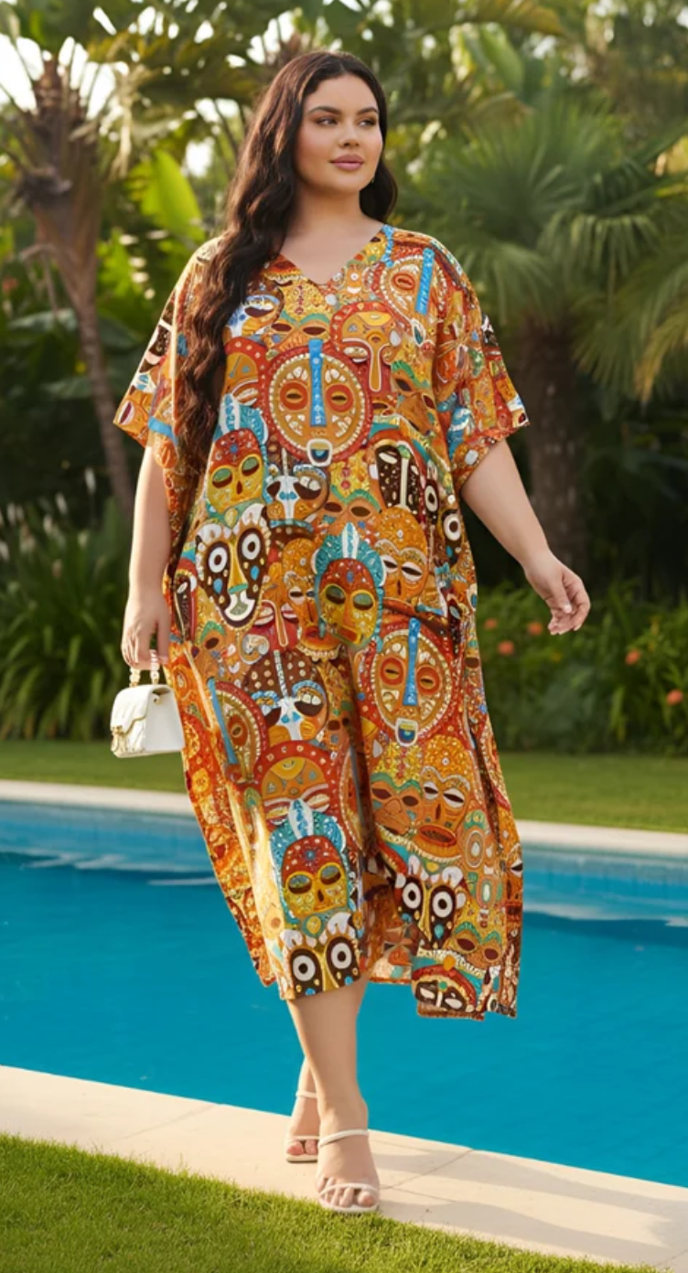 Orange Aztec Polyester Plus Size Kaftan for Women 1X-3X V Neck | GypsieBlu