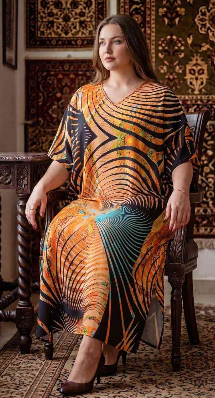 Orange Abstract Print Polyester Women Plus Size Kaftan Summer Maxi Dress 1X-3X