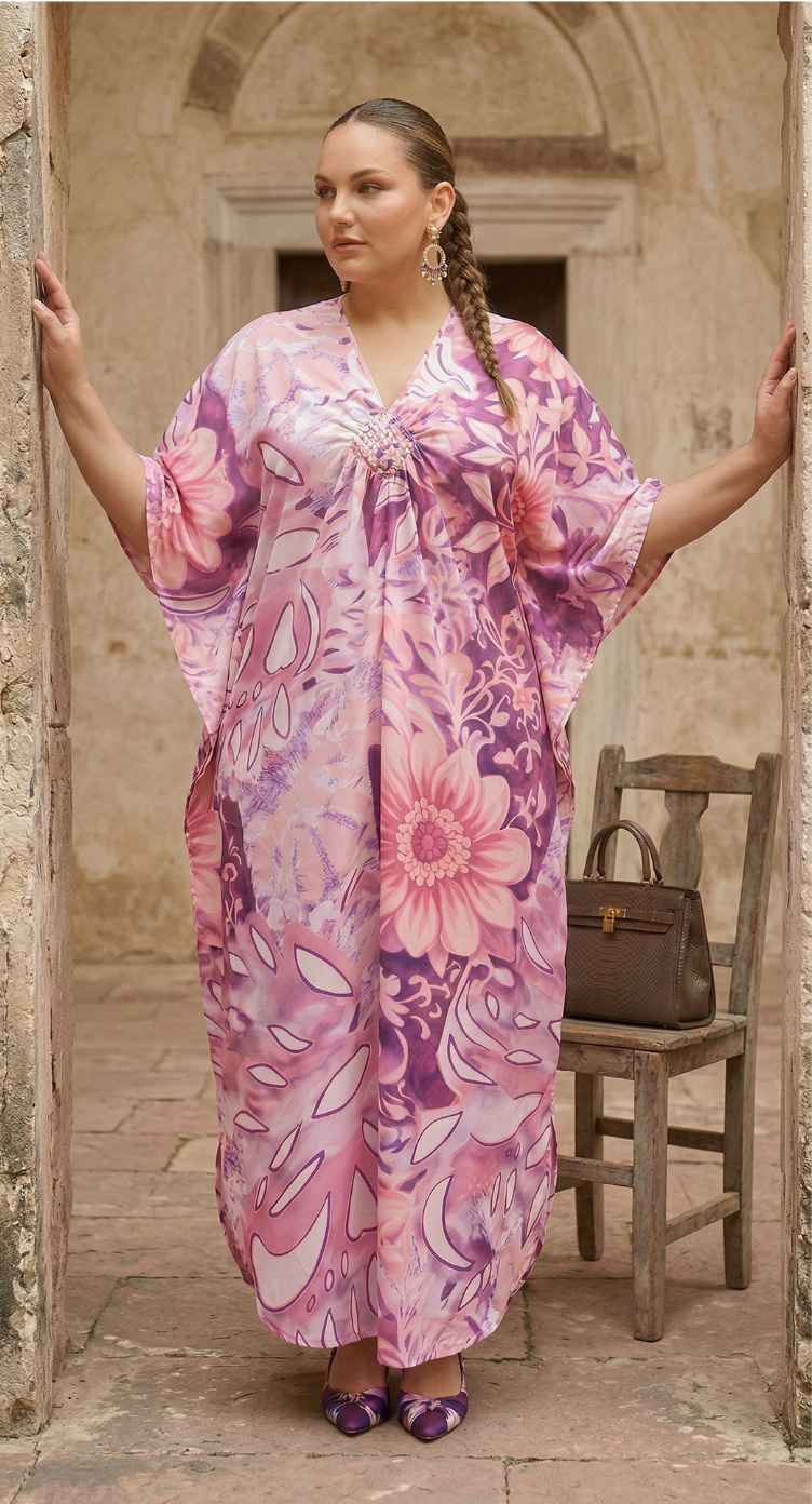 Lavender Floral Print Polyester Women Plus Size Kaftan Vacation Dress 1X-3X