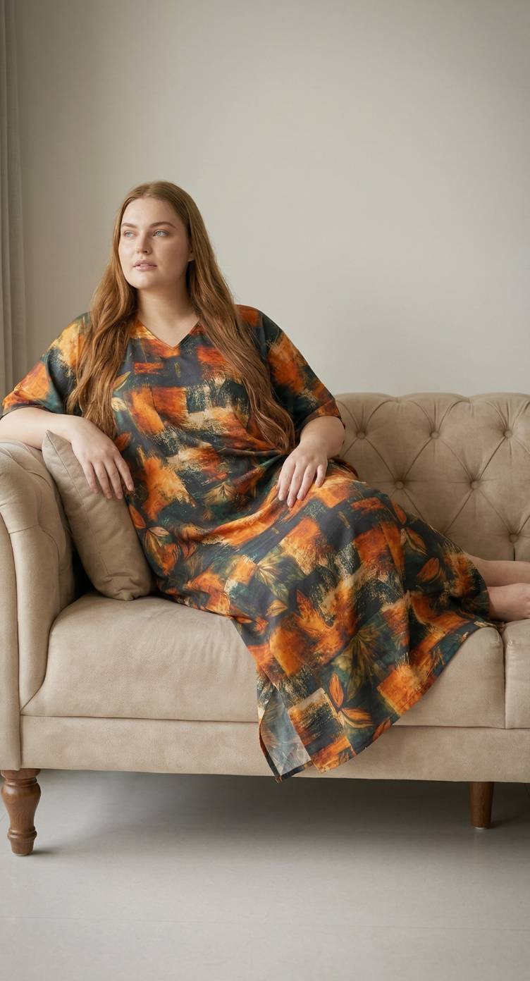 Orange Abstract Print Polyester Women Plus Size Kaftan Boho Maxi Dress 1X-3X