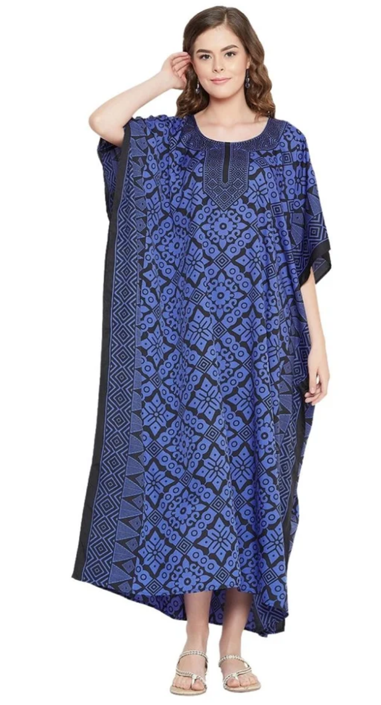 Blue Geometric Batik Polyester Plus Size Kaftan for Women 1X-3X | GypsieBlu