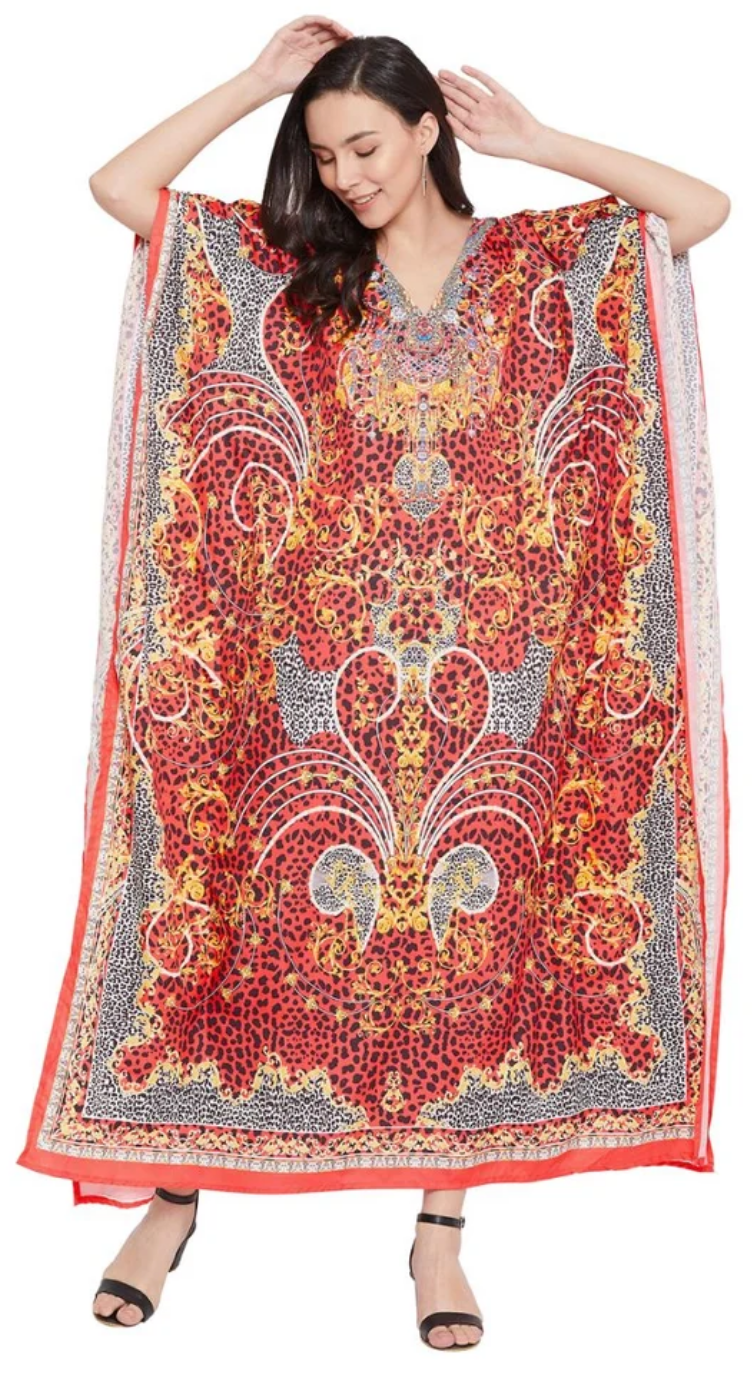 Red Baroque Leopard Polyester Plus Size Kaftan for Women 1X-3X | GypsieBlu