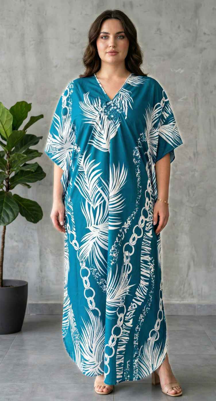 Teal Blue Tropical Polyester Women Plus Size Kaftan Beach Dress 1X-3X