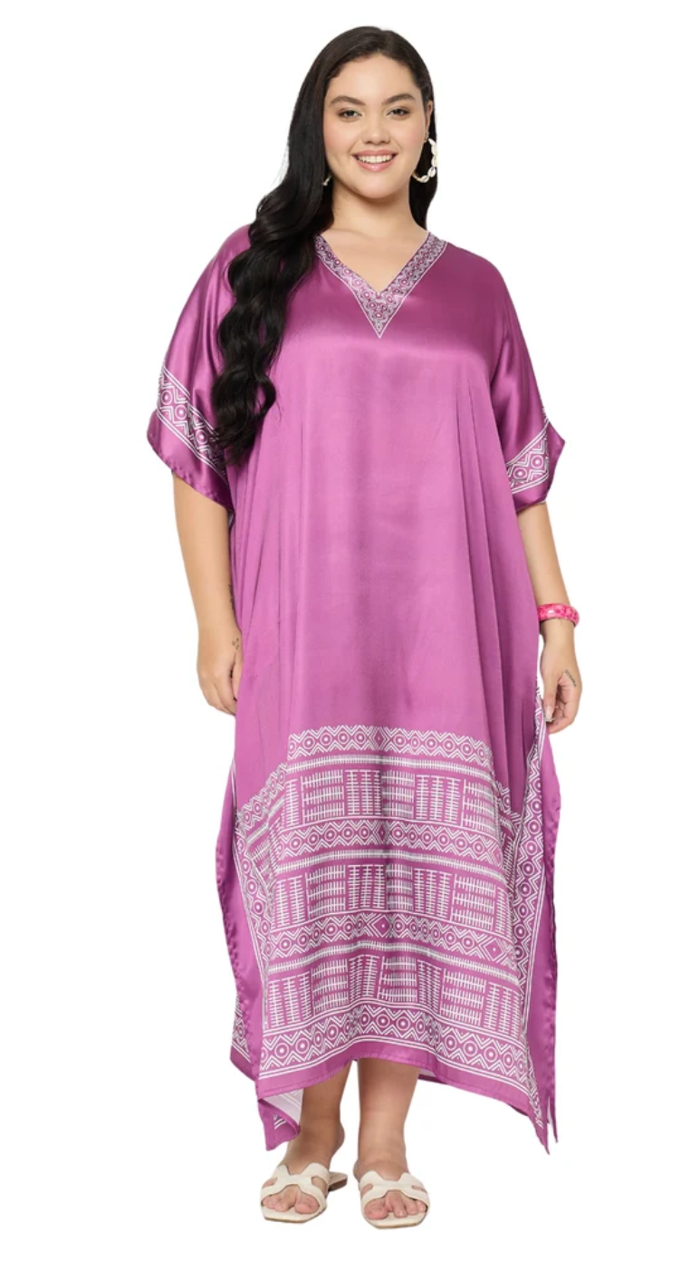Pinkish Purple Tribal Satin Plus Size Kaftan Dress for Women 1X-3X | GypsieBlu