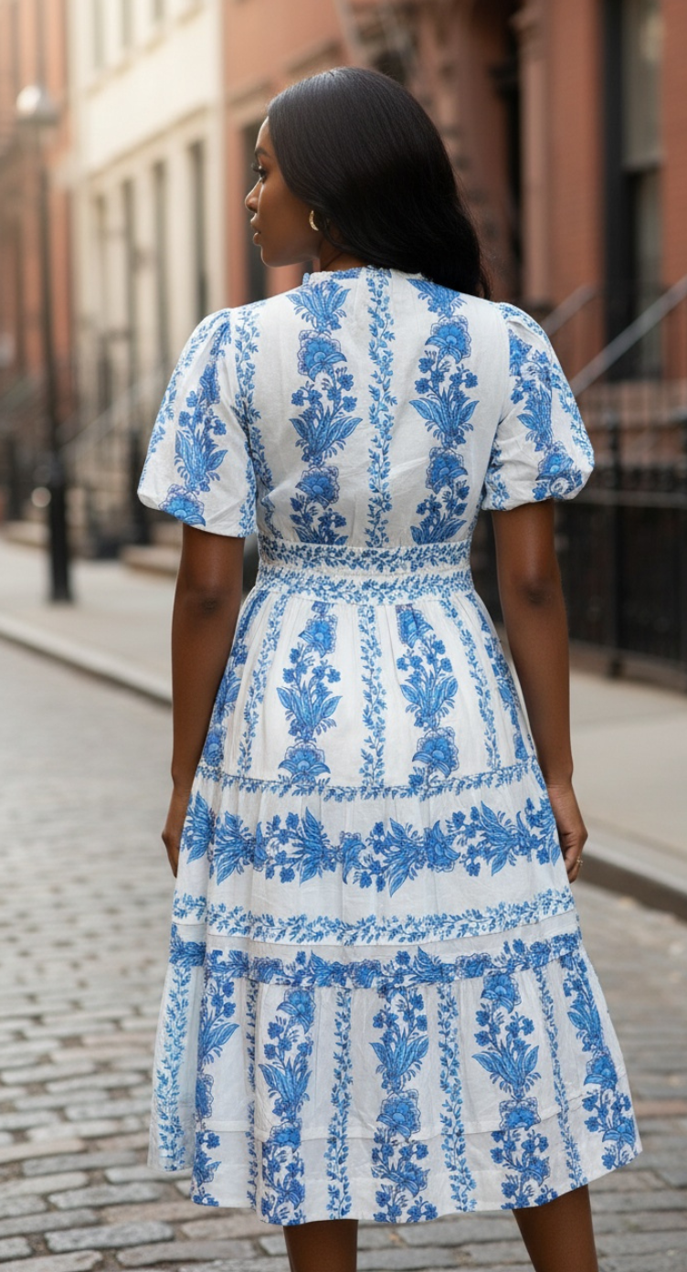 Women White Cotton Midi Dress Blue Floral Print Breathable - S M L XL - SKU UV-S26-105 S - Gypsie Blu
