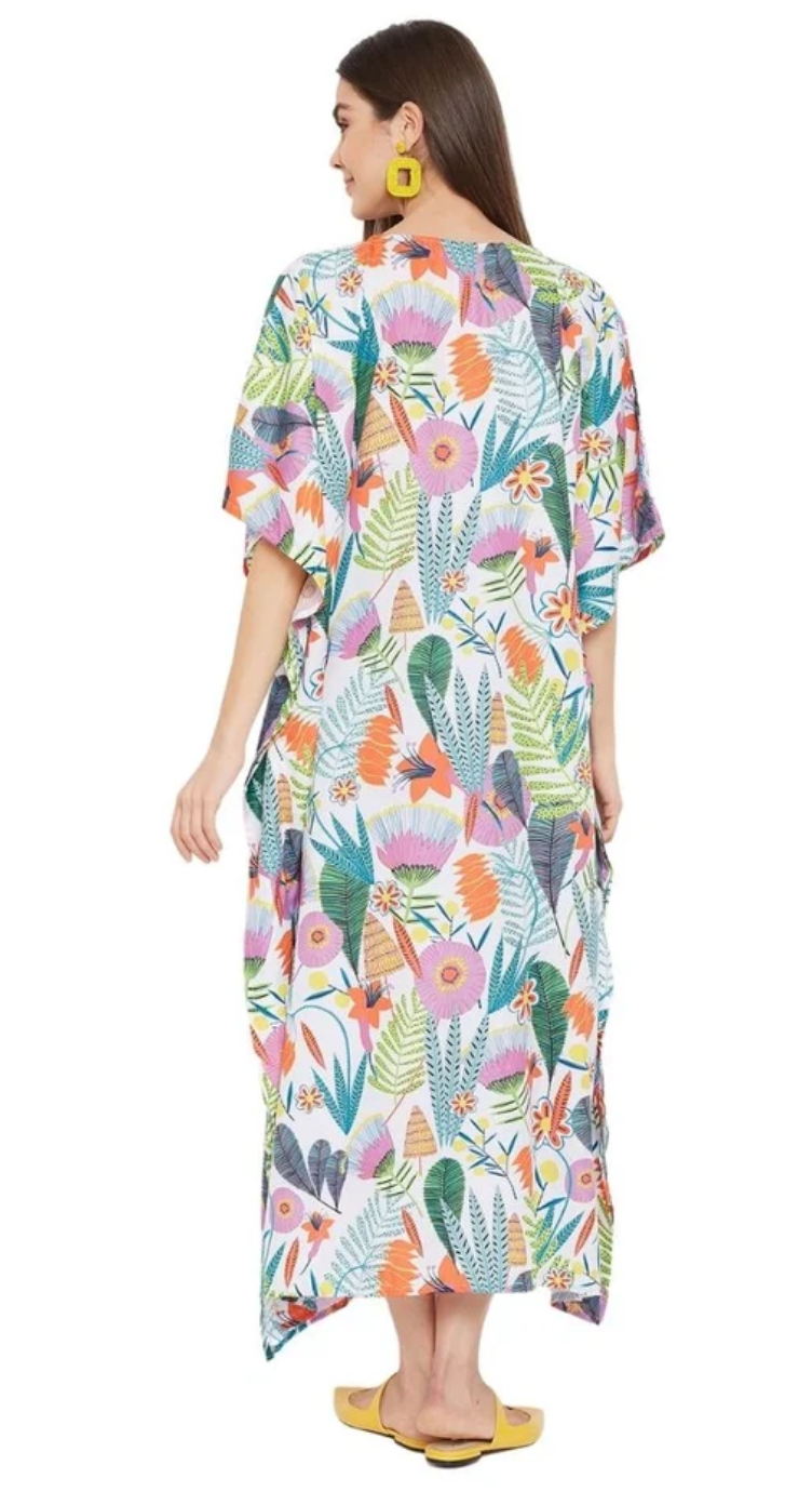 Multicolor Tropical Fern Polyester Plus Size Kaftan for Women 1X-3X | GypsieBlu