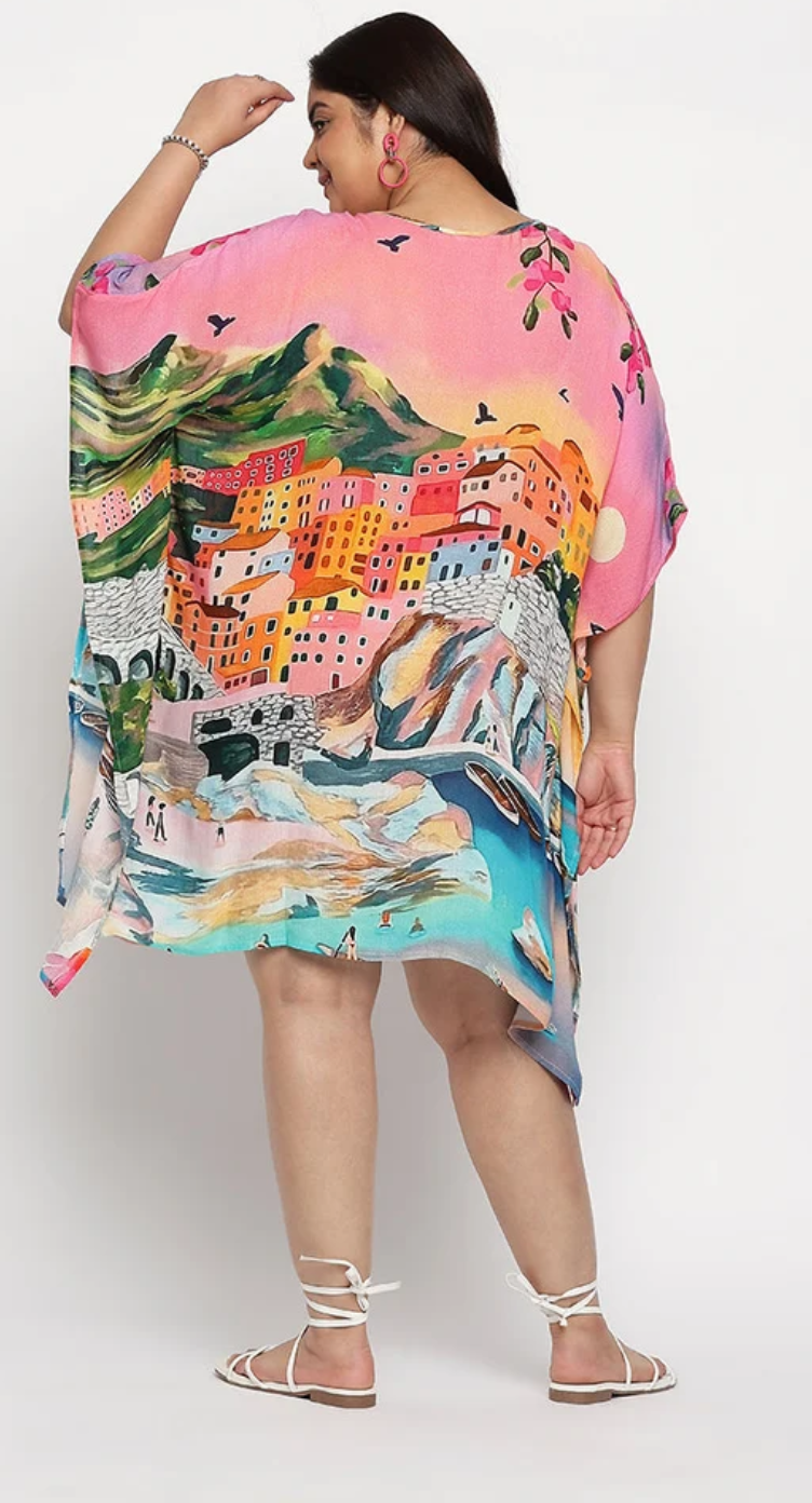 Multicolor Coastal Riviera Handkerchief-Hem Rayon Plus Size Kaftan for Women 1X-3X | GypsieBlu