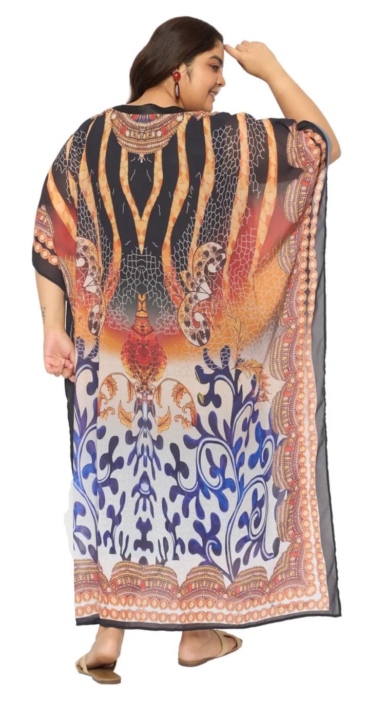 Multicolor Fire Feather Georgette Plus Size Kaftan for Women 1X-3X | GypsieBlu