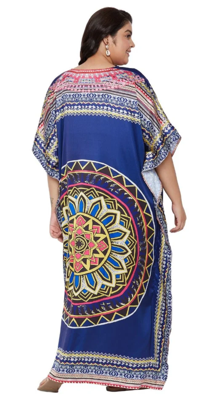 Navy Mandala Satin Plus Size Kaftan Dress for Women 1X-3X | GypsieBlu