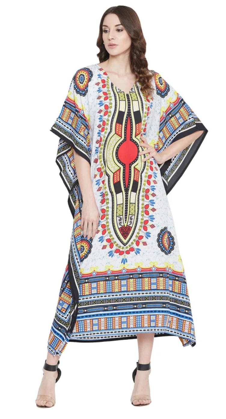 White Tribal Polyester Plus Size Kaftan for Women 1X-3X | GypsieBlu