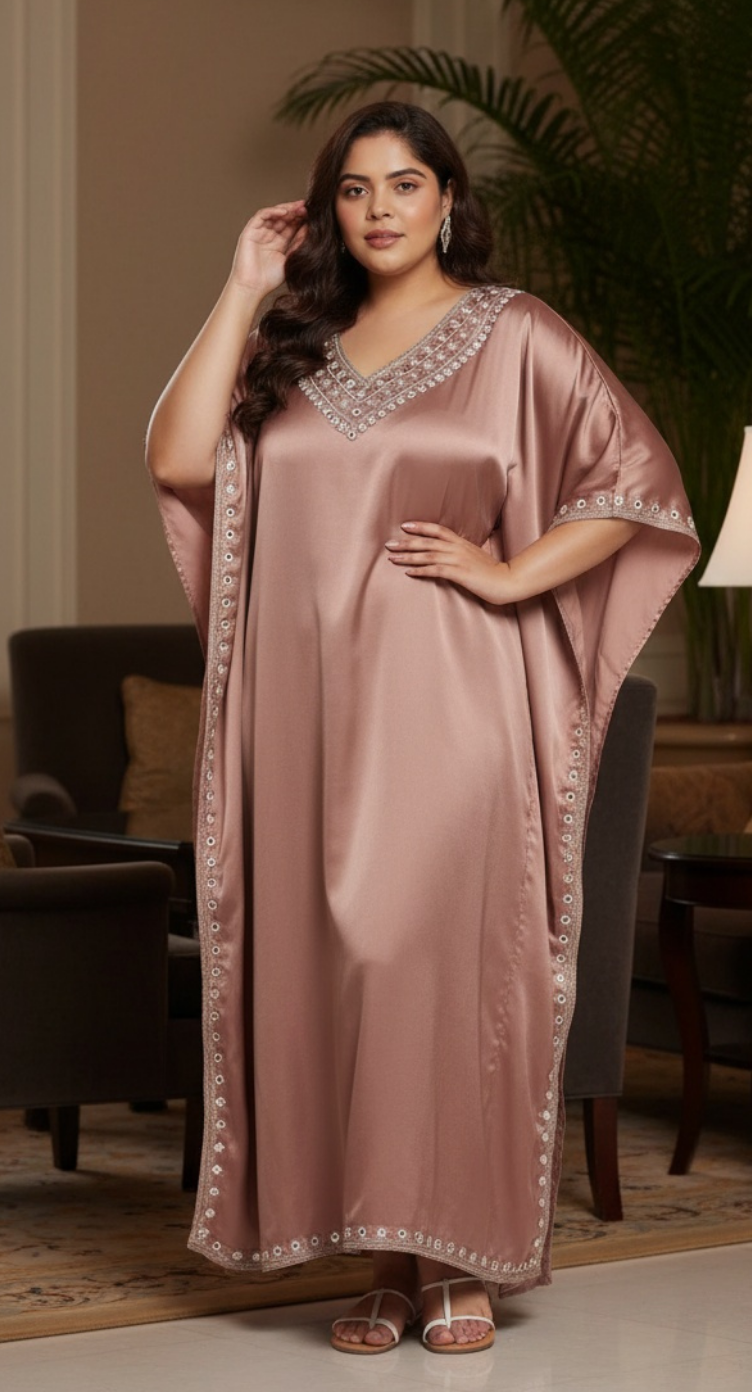 Solid Light Brown Embroidery Satin Kaftan For Plus Size Women