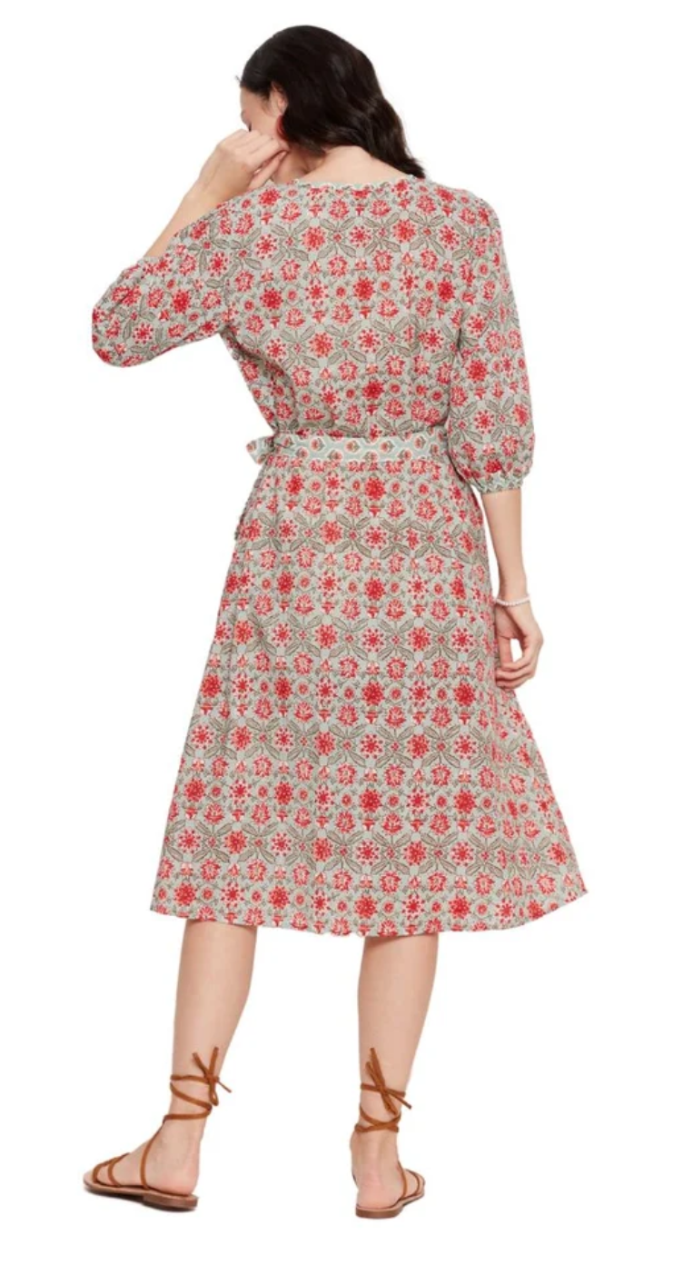 Pista Green Floral Cotton Notch Neck Midi Dress for Women S-XL 3/4 Sleeve | GypsieBlu