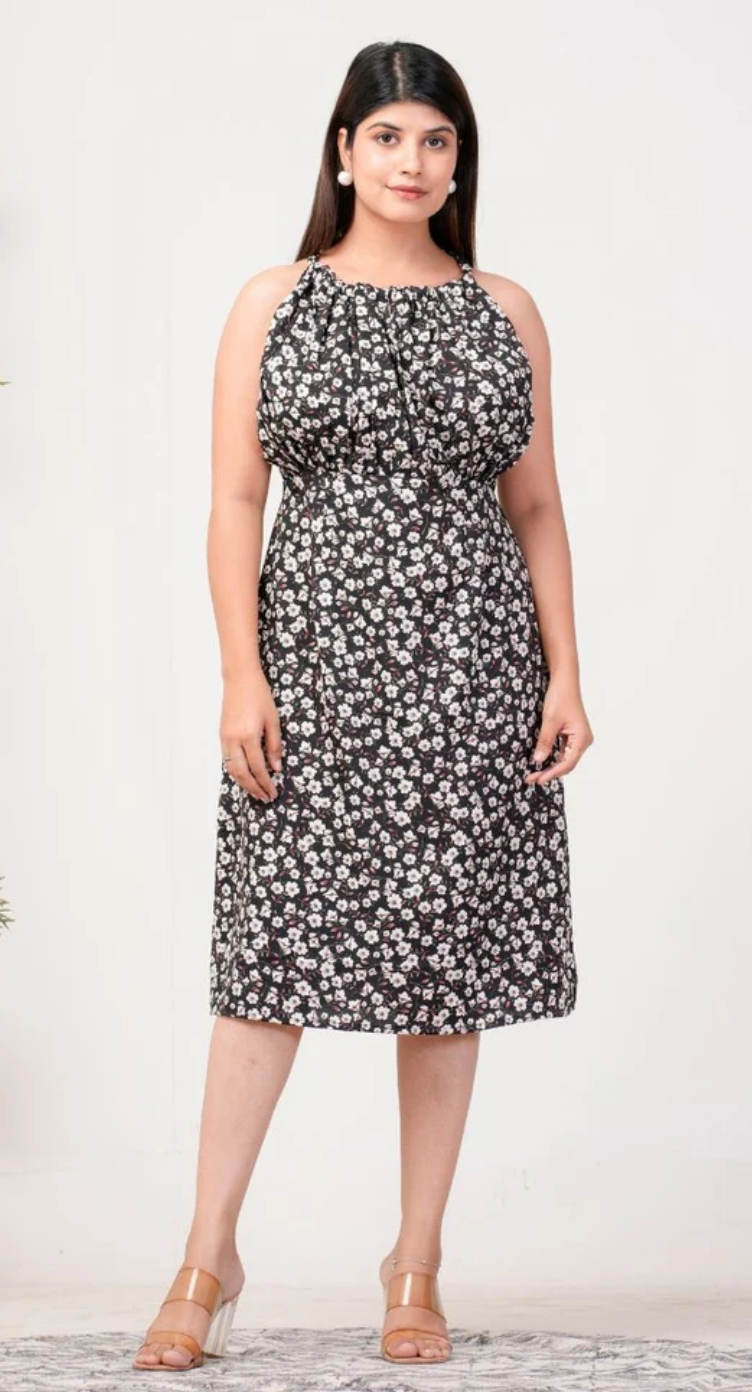 Black & White Floral Polyester Halter Neck Midi Dress for Women S-XL Sleeveless | GypsieBlu