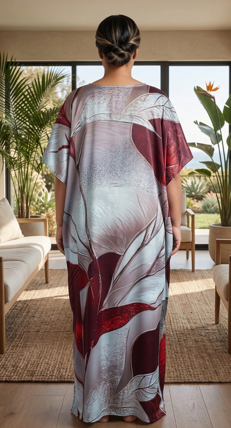 Gray Abstract Satin Plus Size Kaftan Dress for Women 1X-3X V Neck | GypsieBlu