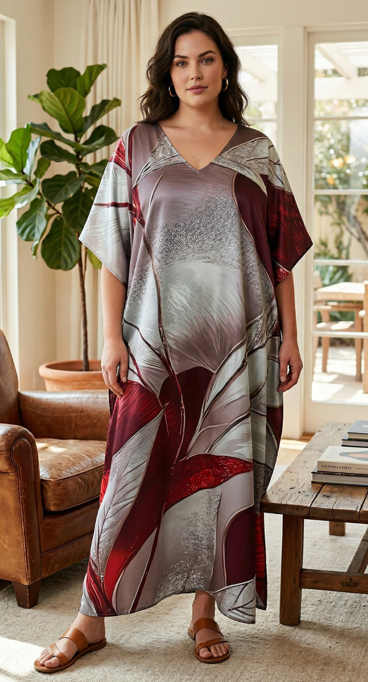 Gray Abstract Satin Plus Size Kaftan Dress for Women 1X-3X V Neck | GypsieBlu