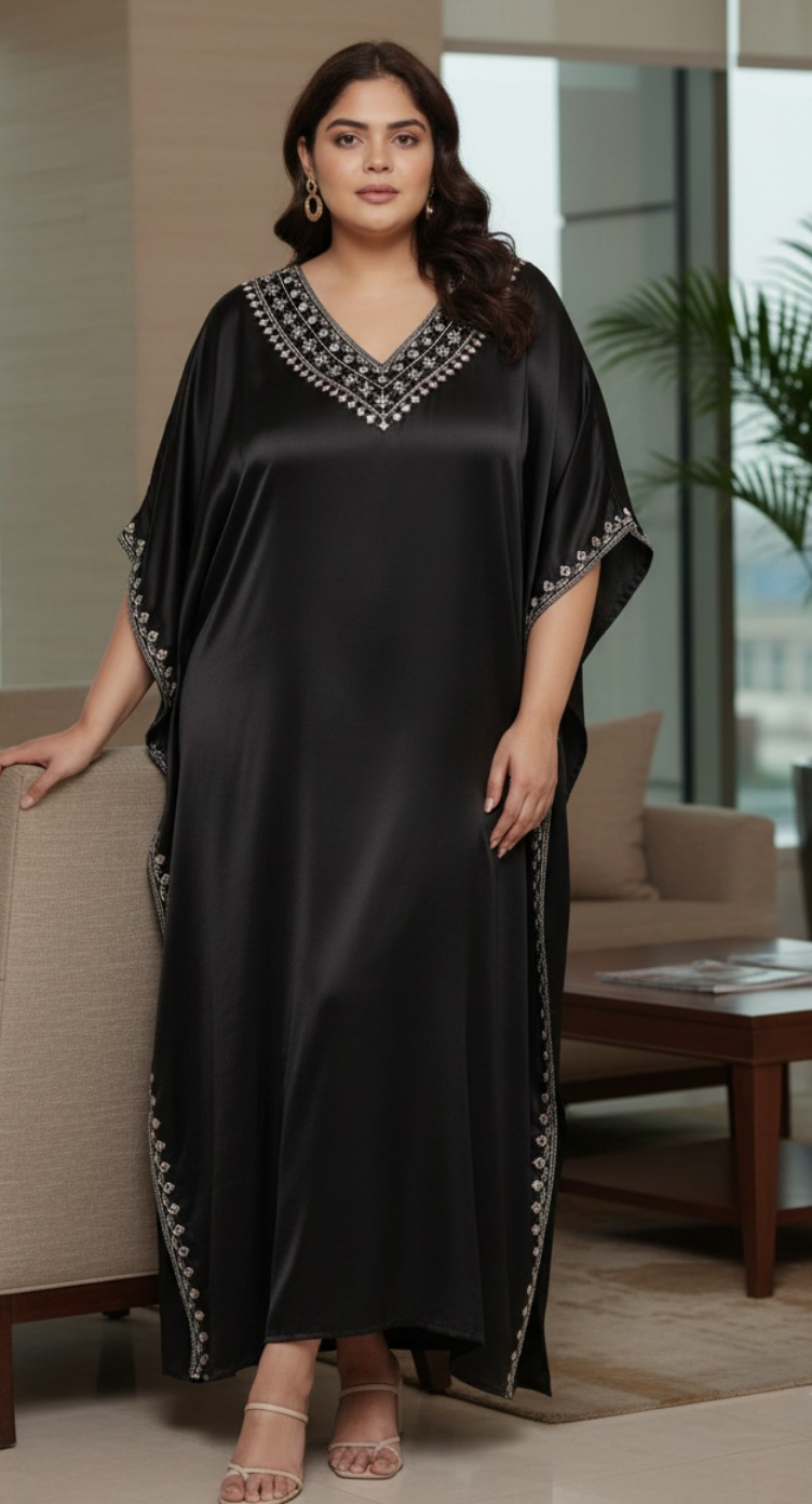 Black Satin Solid with Embroidery Lace Kaftan For Plus Size Women