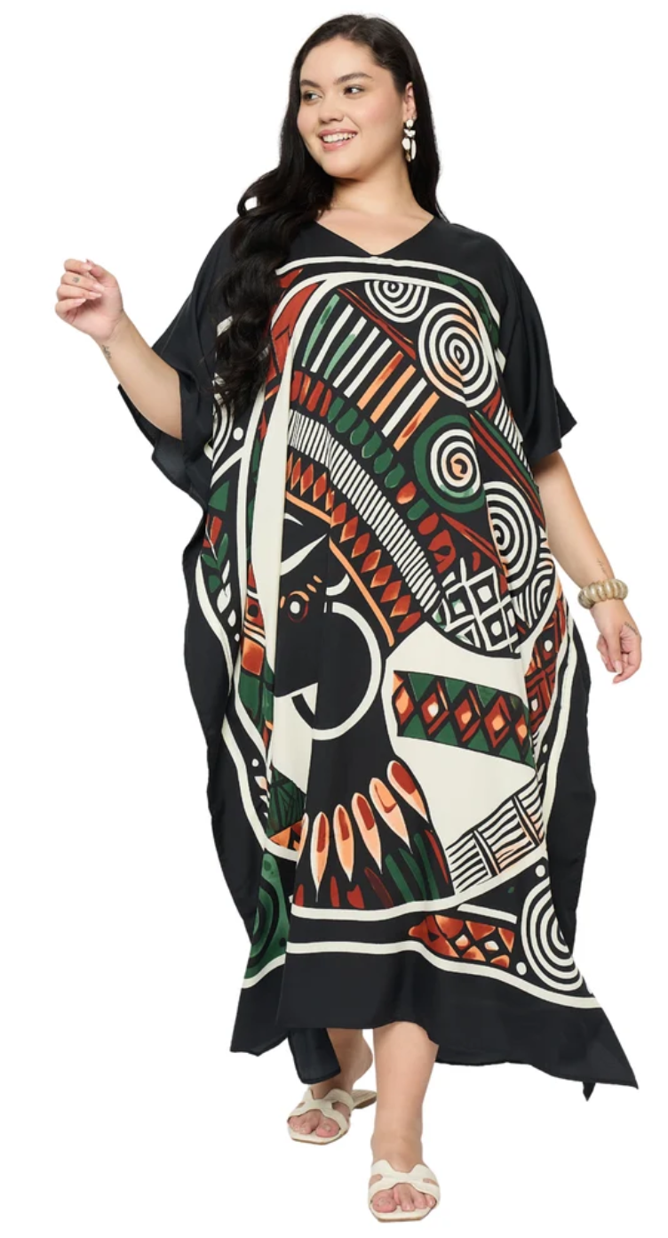 Black Tribal Bird Polyester Plus Size Kaftan for Women 1X-3X | GypsieBlu
