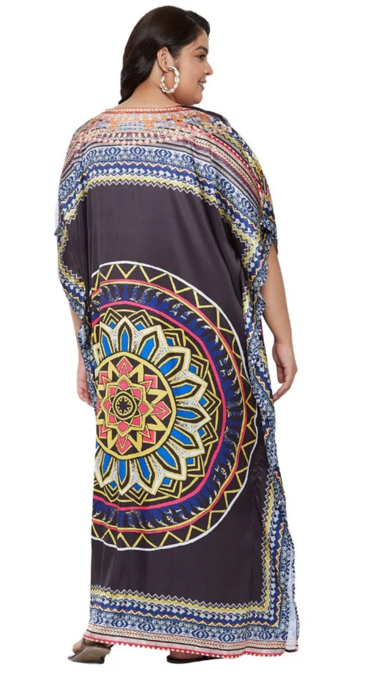 Black Mandala Satin Plus Size Kaftan Dress for Women 1X-3X | GypsieBlu