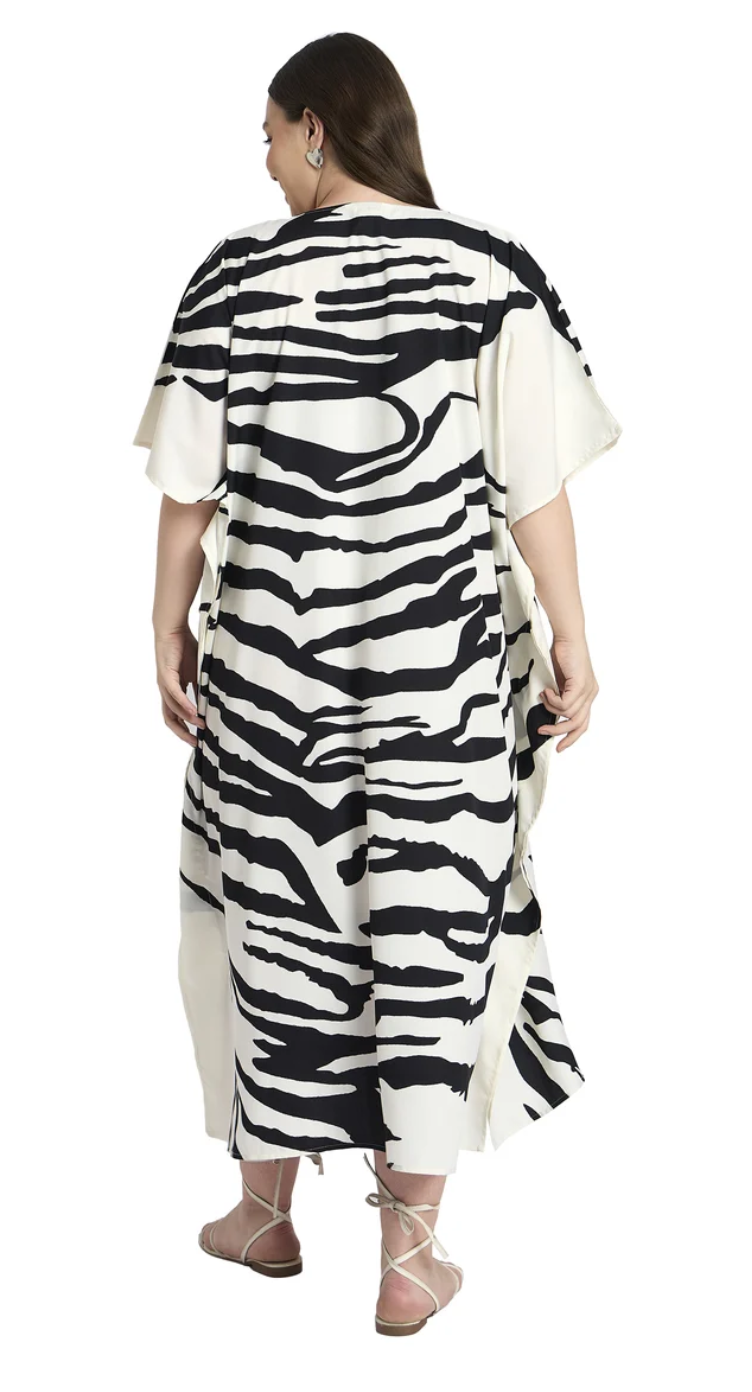 Black Zebra Swirl Polyester Plus Size Kaftan for Women 1X-3X V Neck | GypsieBlu