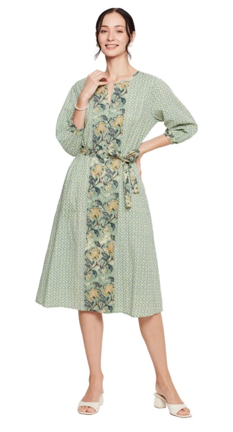 Green Floral Cotton Midi Dress for Women S-XL 3/4 Sleeve Round Neck | GypsieBlu