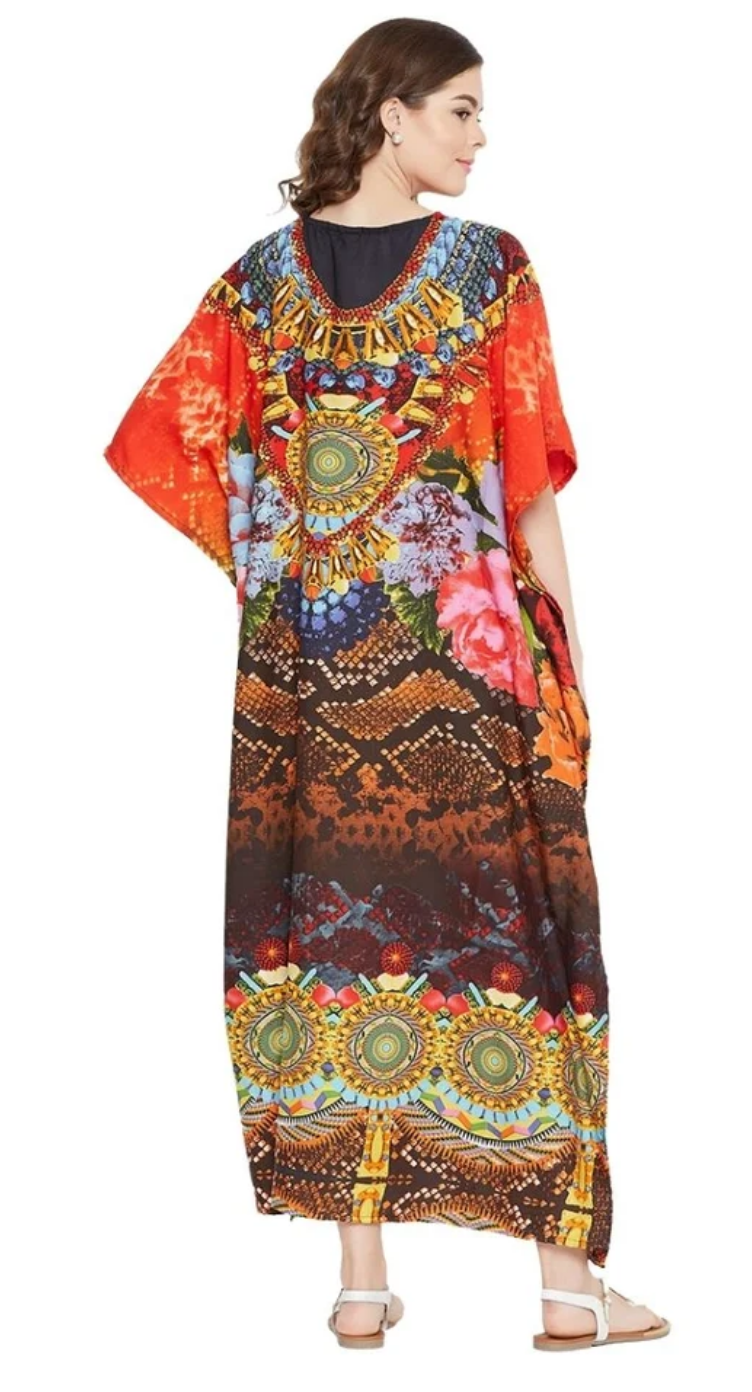 Orange Sunburst Medallion Polyester Plus Size Kaftan for Women 1X-3X | GypsieBlu