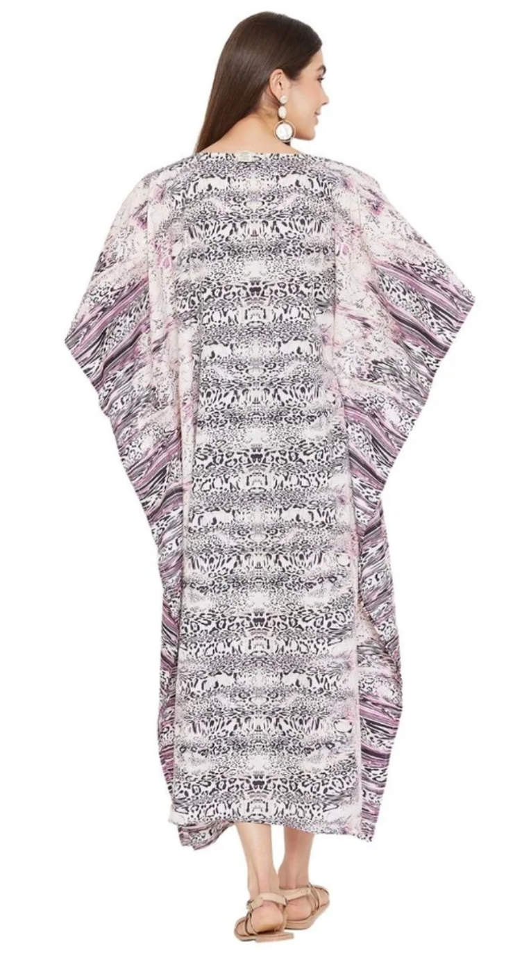 White Animal Geometric Polyester Plus Size Kaftan for Women 1X-3X | GypsieBlu