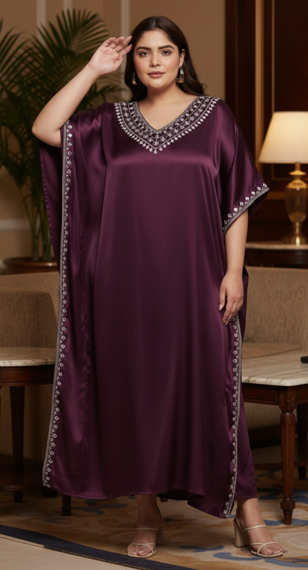 Wine Embroidered Satin Plus Size Kaftan Dress for Women 1X-3X V Neck | GypsieBlu