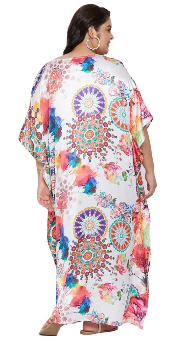 White Mandala Floral Satin Plus Size Kaftan Dress for Women 1X-3X 3/4 Sleeve | GypsieBlu