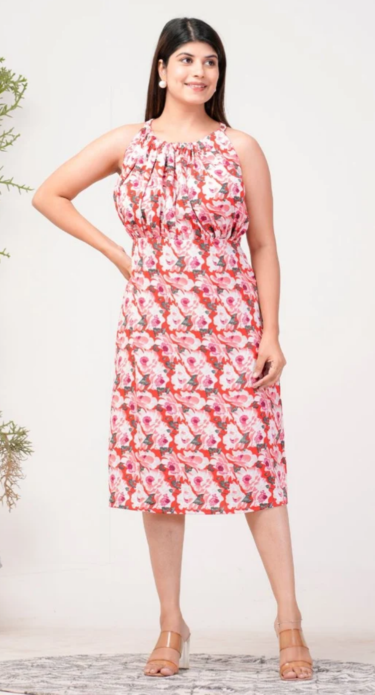 Red Floral Ravera Dress for Women S-XL Sleeveless High Low Halter Neck | GypsieBlu