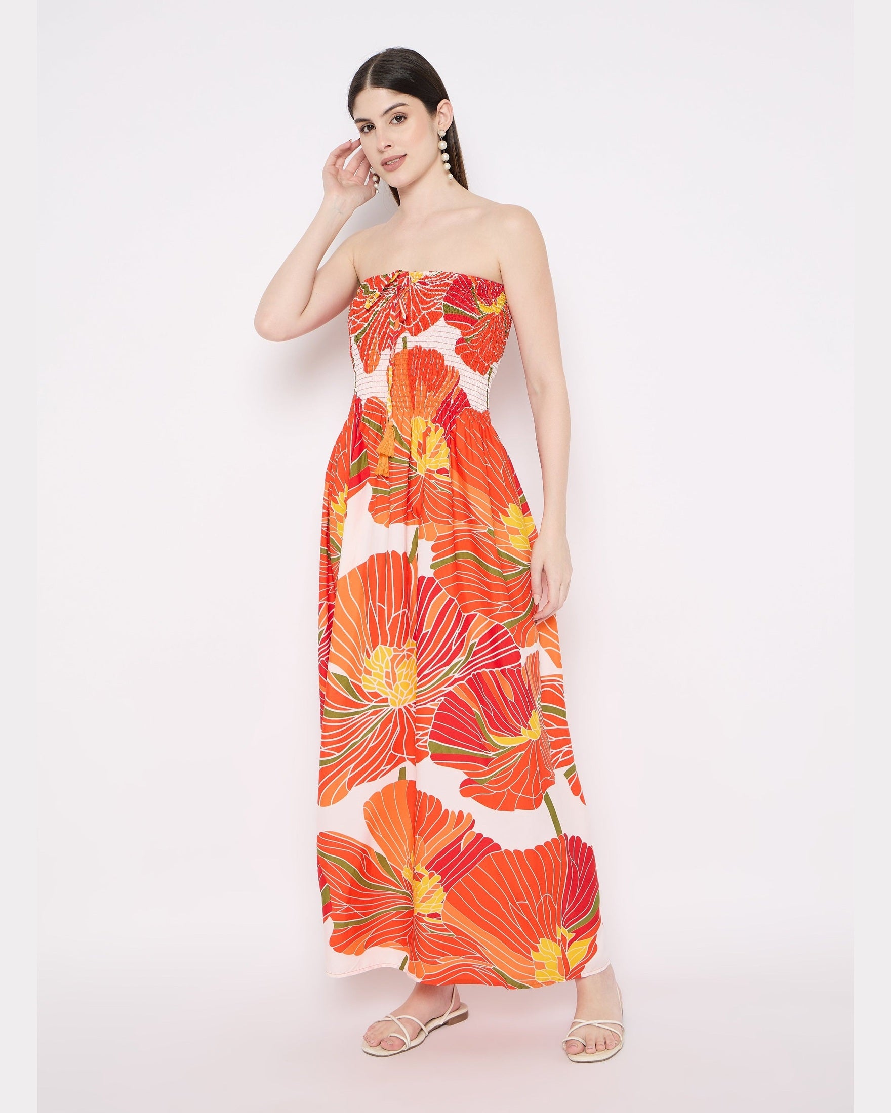 Orange Floral Print Elegant Strapless Women Long Tube Dress