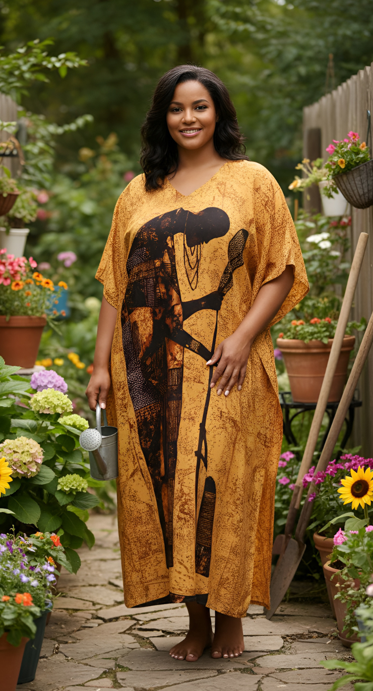 Yellow Tribal Polyester Women Plus Size Caftan Dress