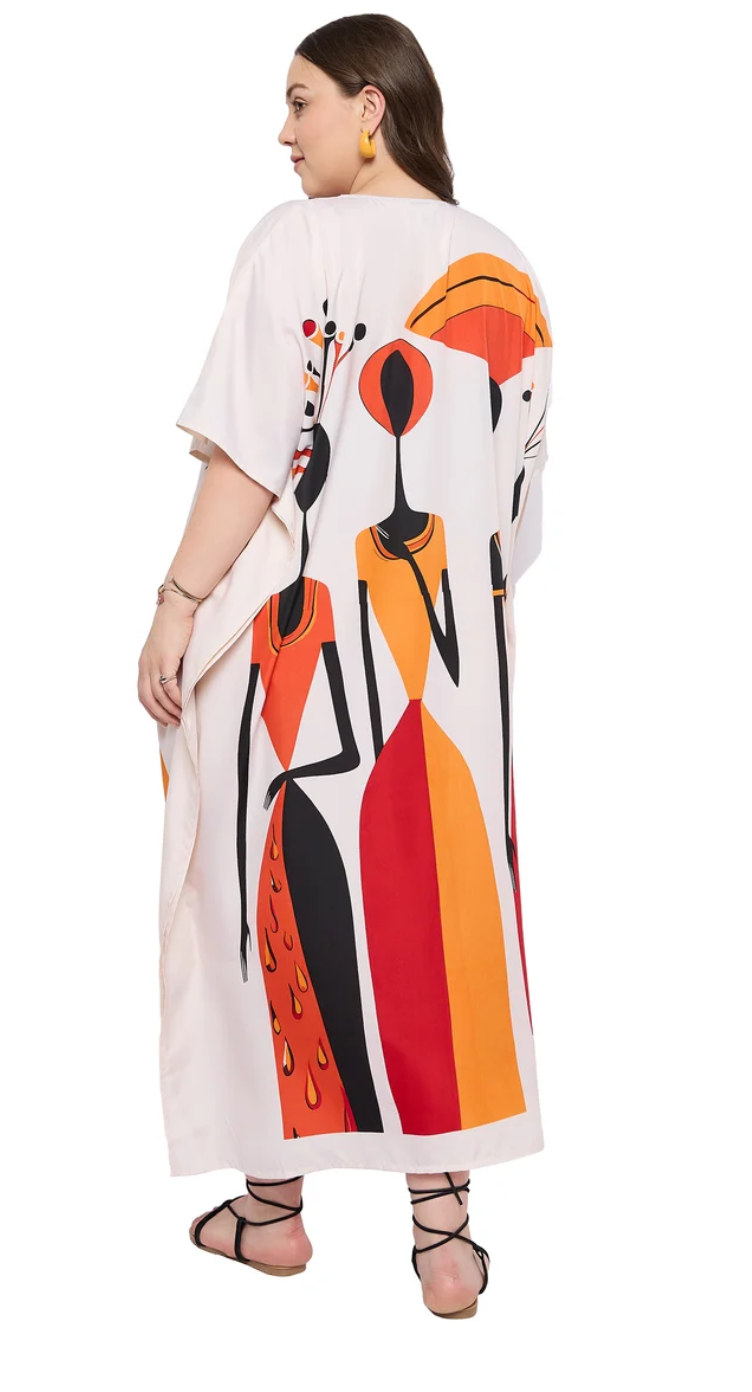 Off White Tribal Figures Polyester Plus Size Kaftan for Women 1X-3X | GypsieBlu