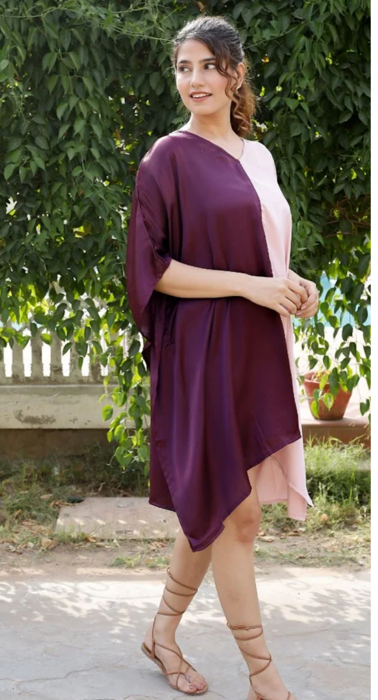Plum & Blush Colorblock Satin Plus Size Tunic for Women 1X-3X 3/4 Sleeve V Neck | GypsieBlu