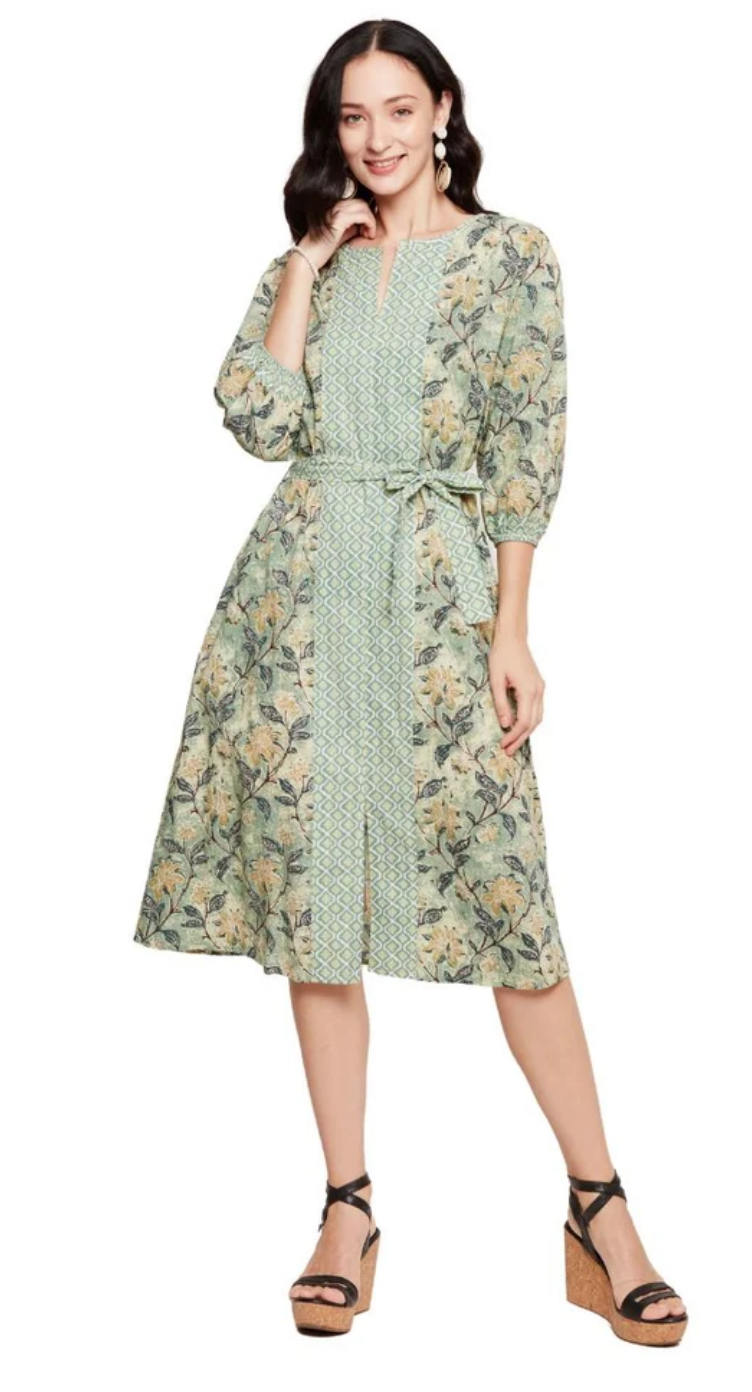 Green Floral Cotton Midi Dress for Women S-XL 3/4 Sleeve Mandarin Neck | GypsieBlu